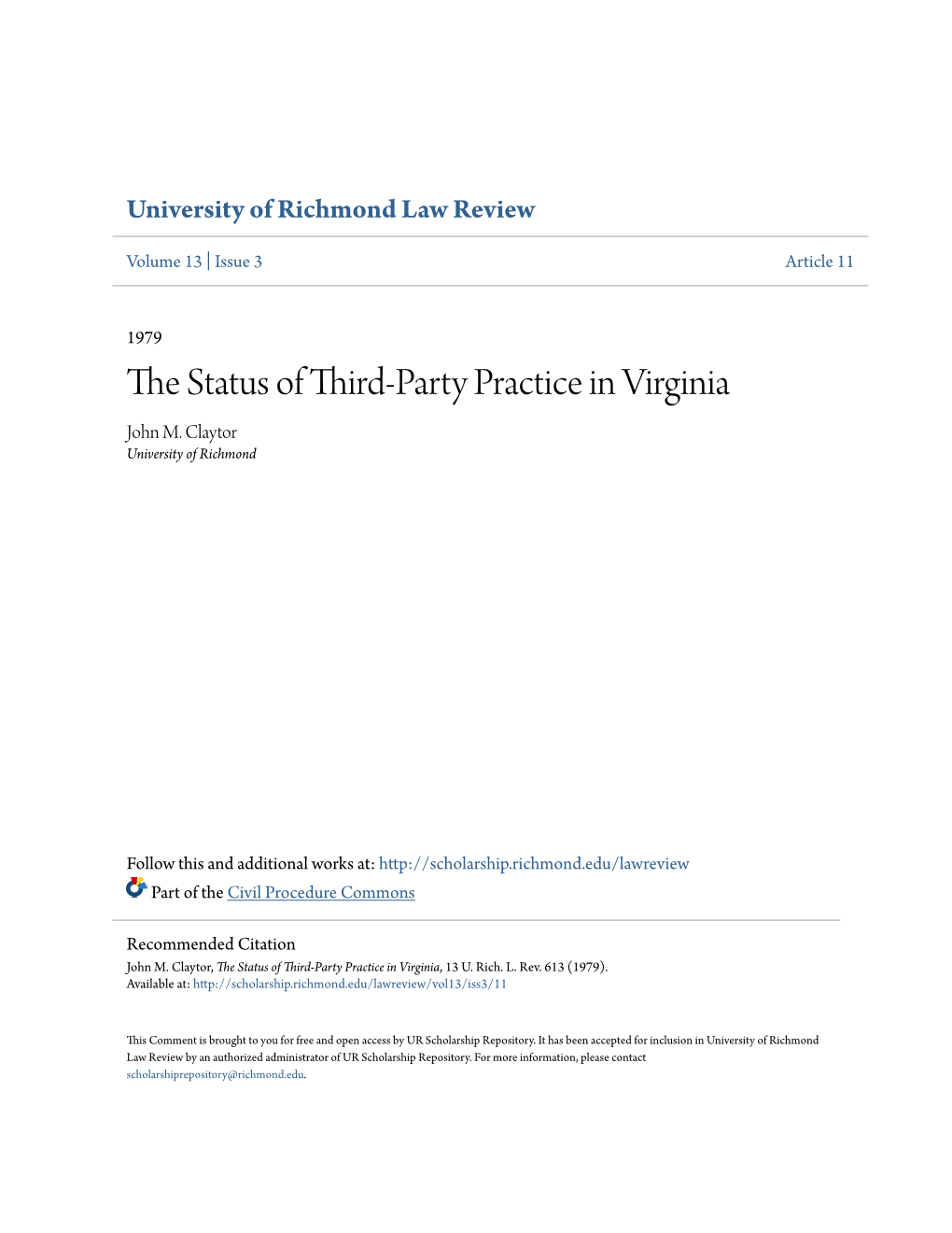 The Status of Third-Party Practice in Virginia, 13 U