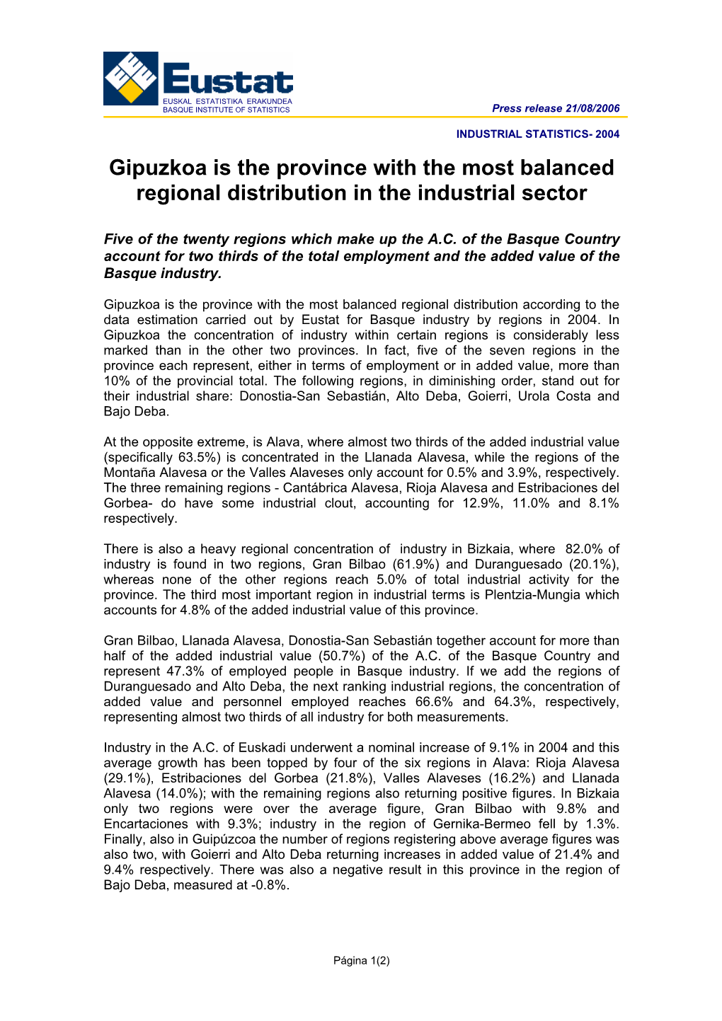 2004. Gipuzkoa Is the Province with the Most Balanced Regional