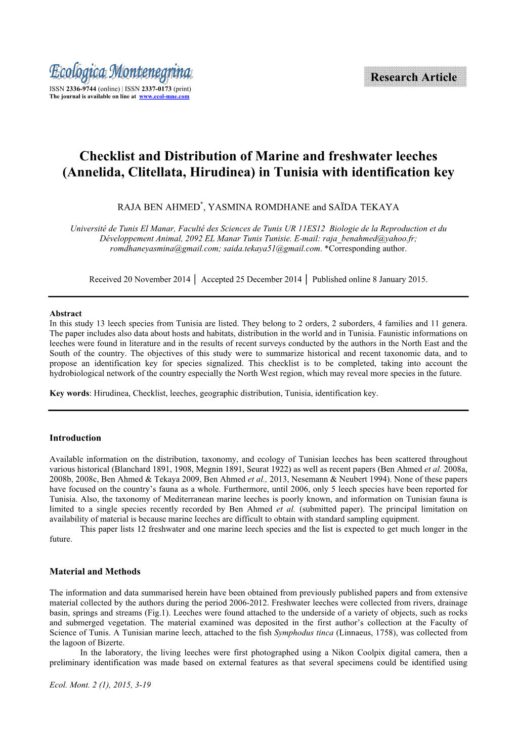 Annelida, Clitellata, Hirudinea) in Tunisia with Identification Key