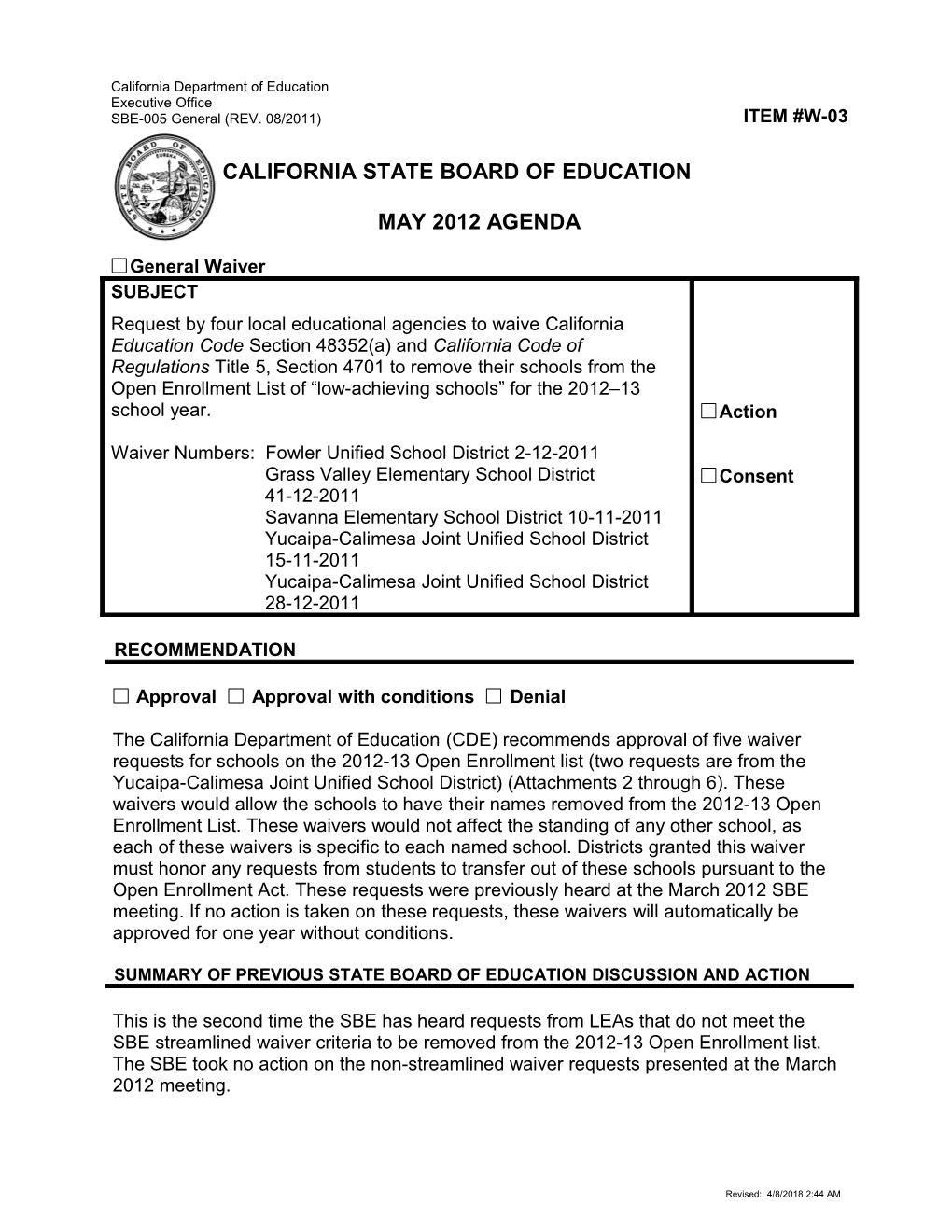 May 2012 Waiver Item W3 - Meeting Agendas (CA State Board of Education)