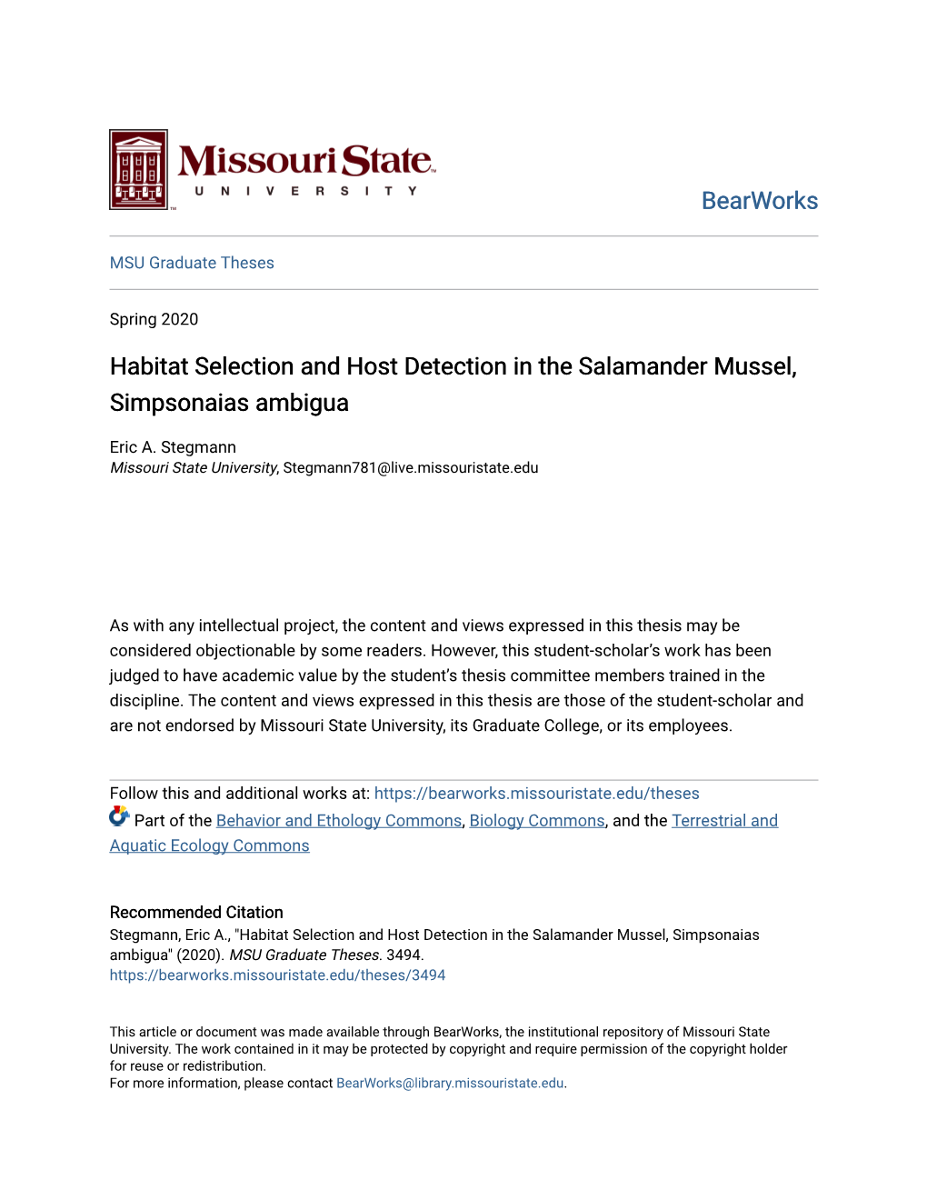 Habitat Selection and Host Detection in the Salamander Mussel, Simpsonaias Ambigua