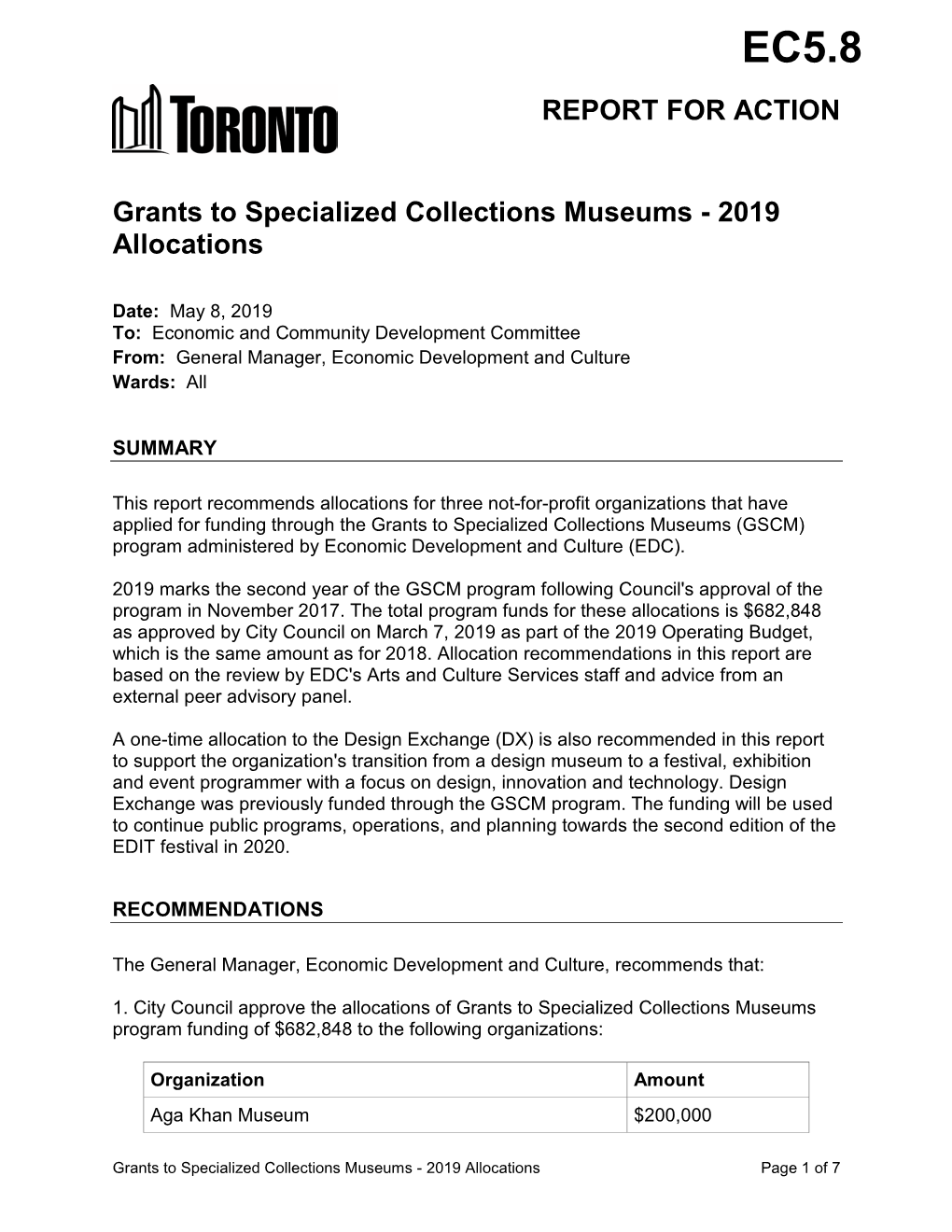 Grants to Specialized Collections Museums - 2019 Allocations