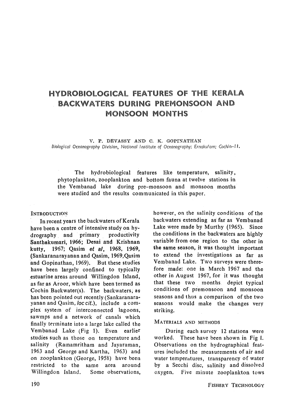 Hydrobiological Features of the Kerala Backwaters During Premonsoon and Monsoon Months