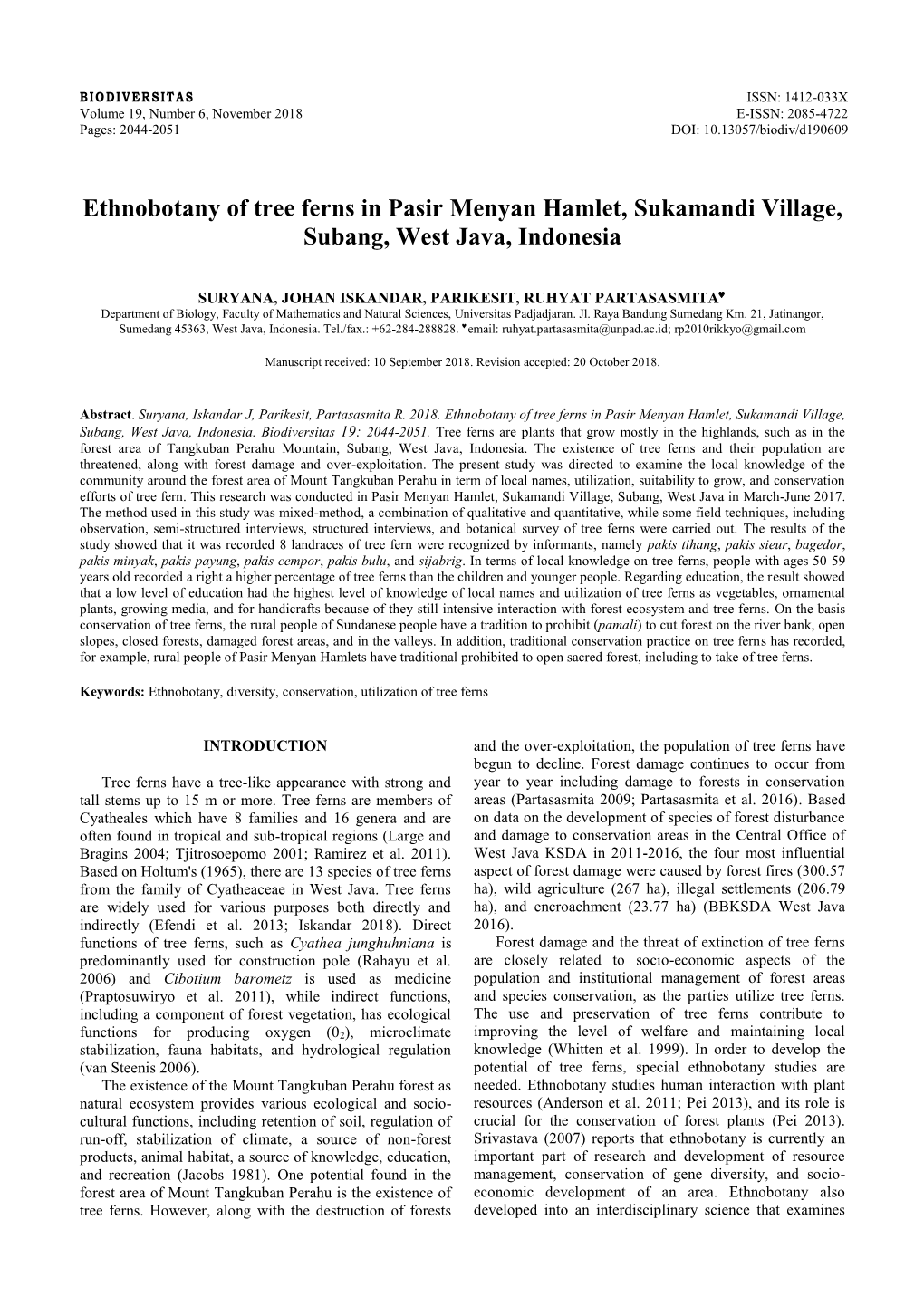 Ethnobotany of Tree Ferns in Pasir Menyan Hamlet, Sukamandi Village, Subang, West Java, Indonesia