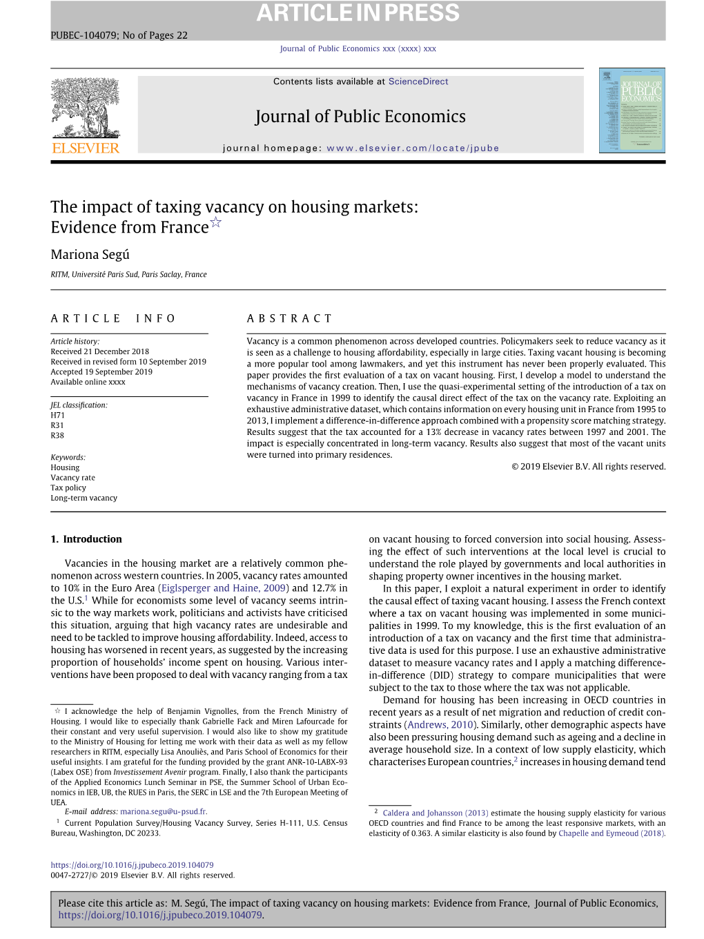 The Impact of Taxing Vacancy on Housing Markets: ଝ Evidence from France