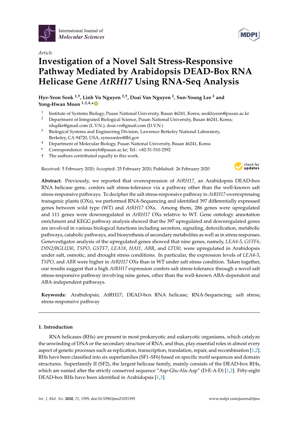 Investigation of a Novel Salt Stress-Responsive Pathway Mediated by Arabidopsis DEAD-Box RNA Helicase Gene Atrh17 Using RNA-Seq Analysis