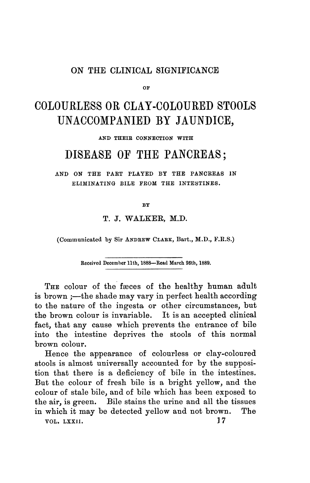 Colourless Or Clay-Coloured Stools Unaccompanied by Jaundice, and Their Connection with Disease of the Pancreas;