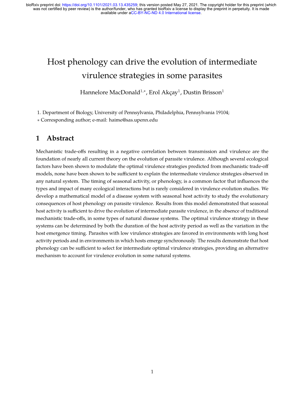 Host Phenology Can Drive the Evolution of Intermediate Virulence Strategies in Some Parasites