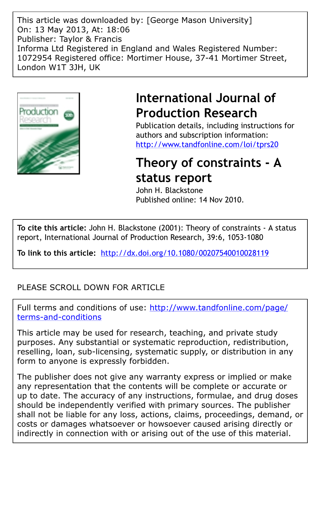 Theory of Constraints - a Status Report John H