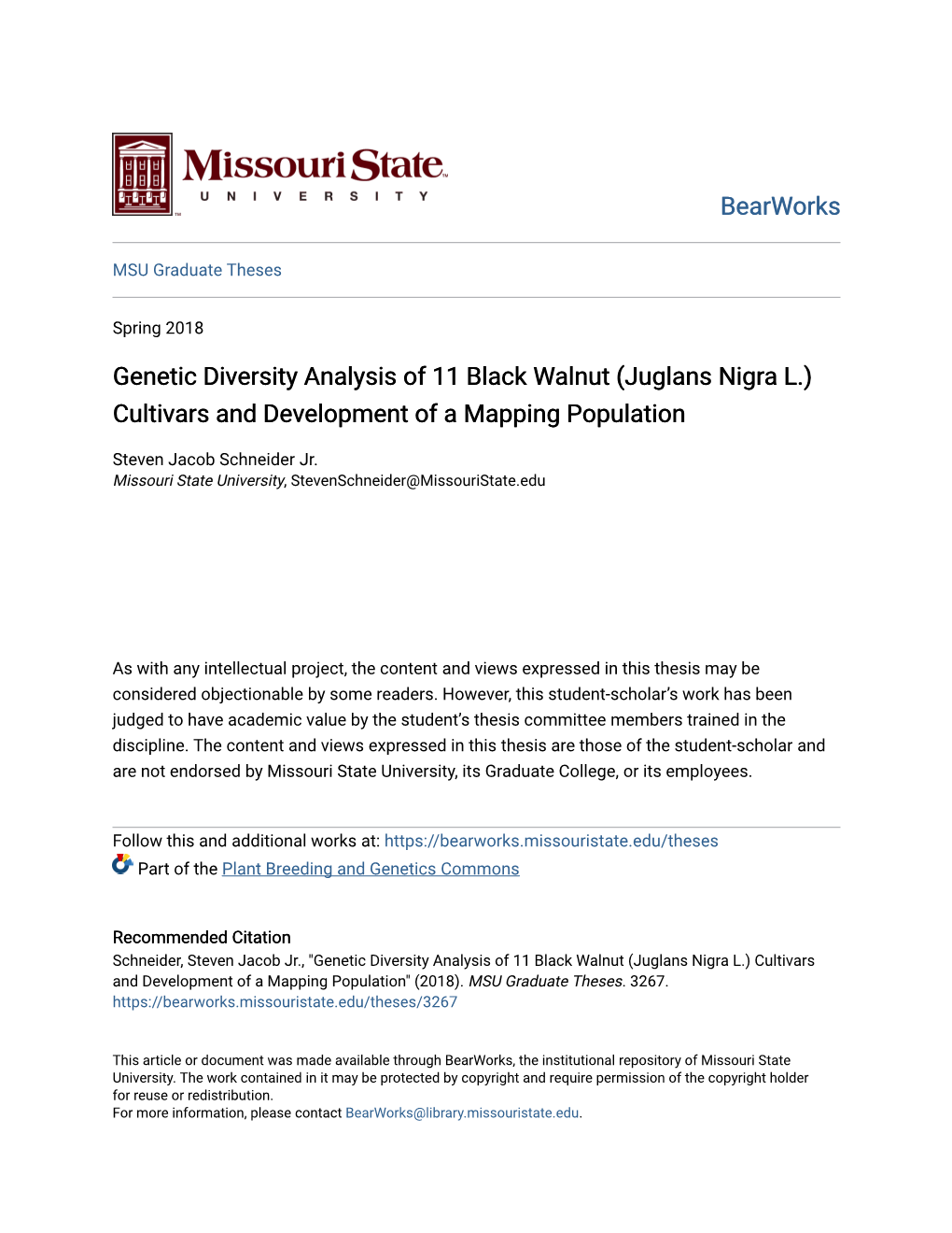 Genetic Diversity Analysis of 11 Black Walnut (Juglans Nigra L.) Cultivars and Development of a Mapping Population