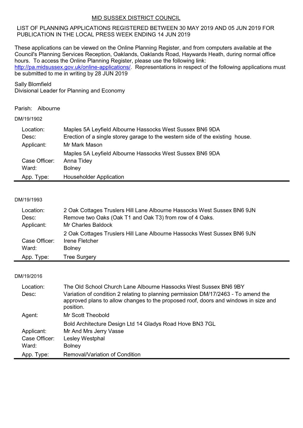 Planning Applications Received 30 May 2019 to 5 June 2019