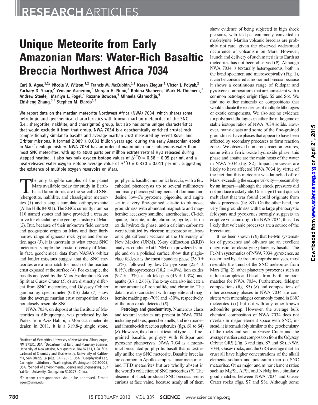 Water-Rich Basaltic Breccia Northwest Africa 7034 RESEARCHARTICLES