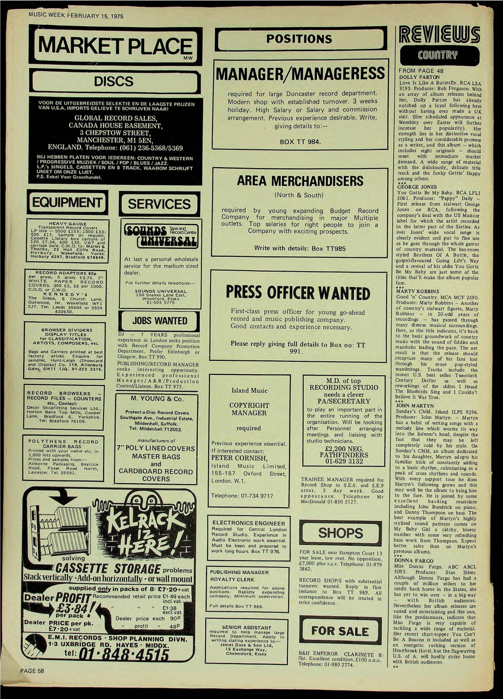 Music Week February 15, 1975 Market Place I C Mw Discs Voor De Uitgebreidste Selektie En De Laagste Prij2en Van U.S.A. Imports G