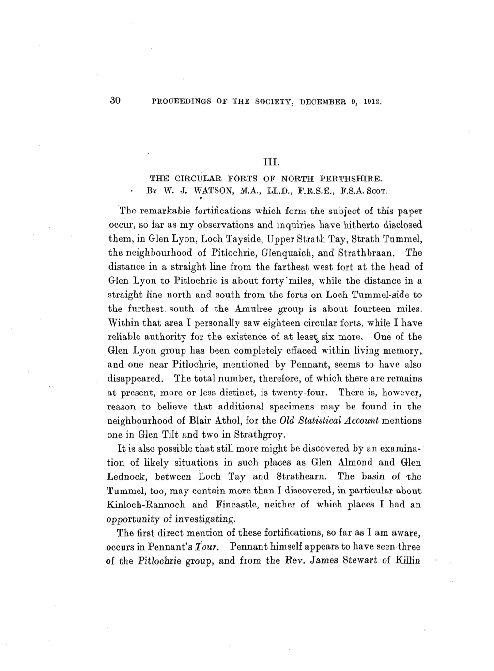 The Circular Forts Op North Perthshire. • by Wj Watson, Ma, Ll.D., Frse, Fsa Scot