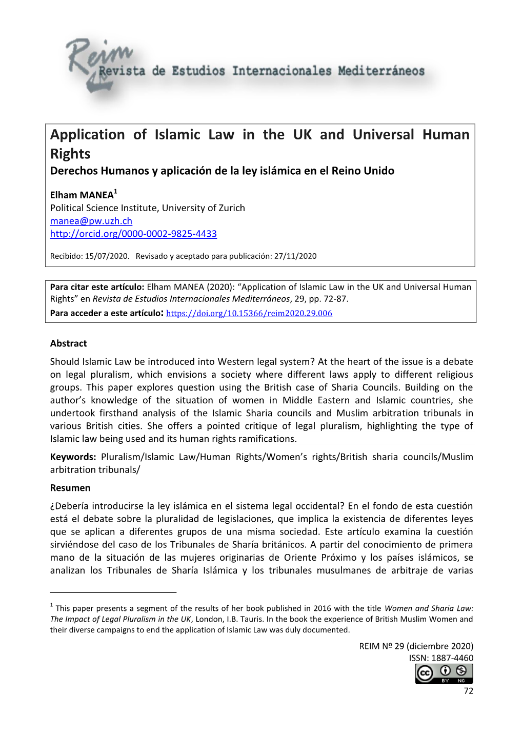 Application of Islamic Law in the UK and Universal Human Rights Derechos Humanos Y Aplicación De La Ley Islámica En El Reino Unido