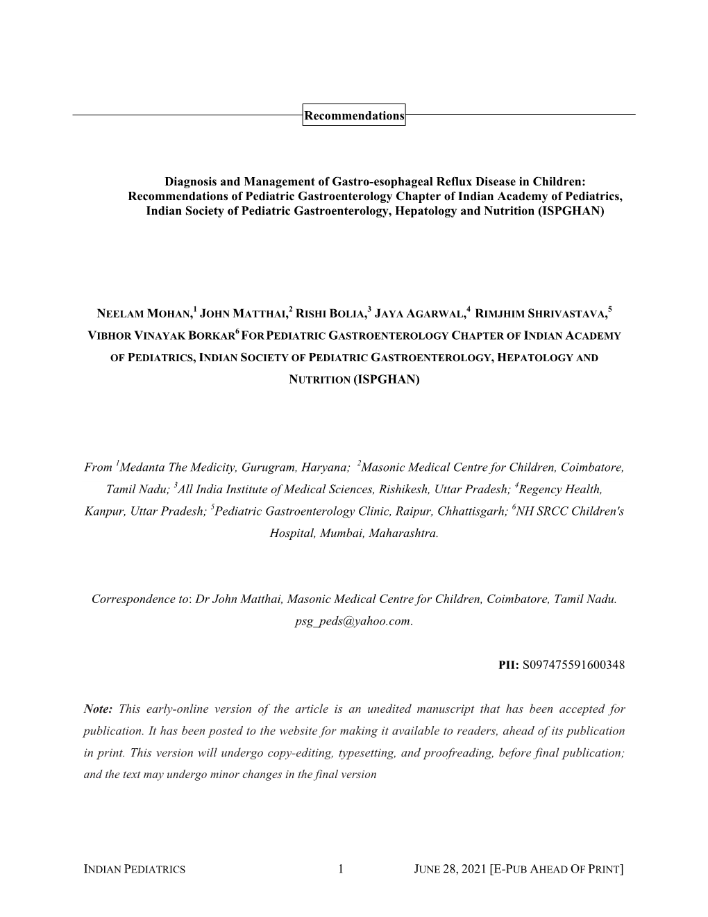 1 JUNE 28, 2021 [E-P Recommendations Diagnosis and Management of Gastro-Esophageal Reflux Disease in Children: Recommendati