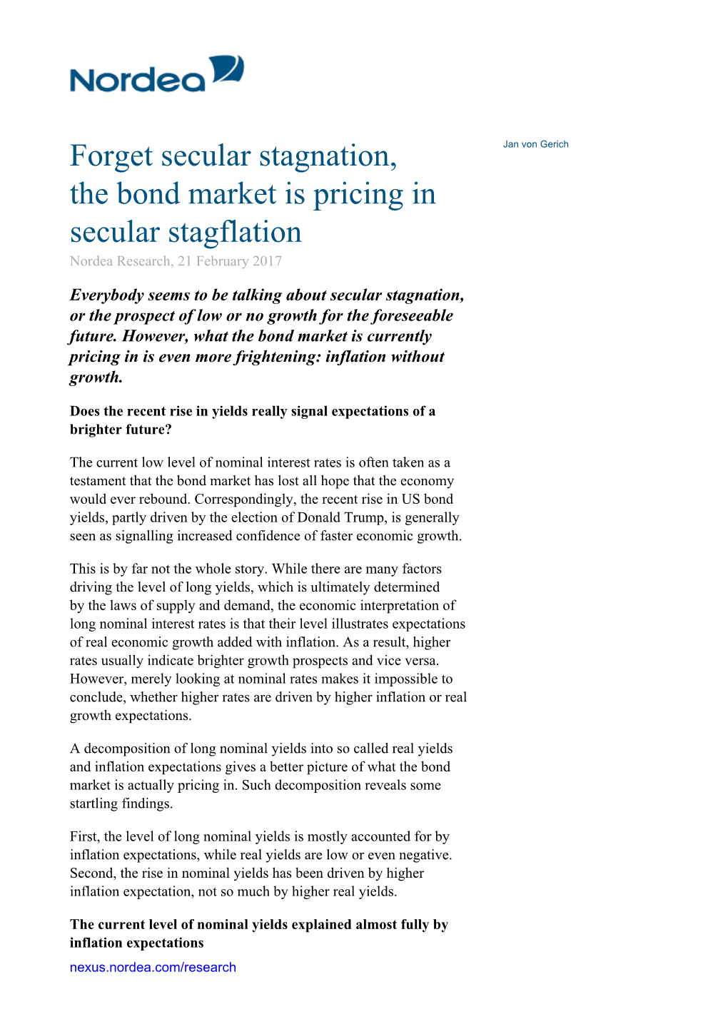 Forget Secular Stagnation, the Bond Market Is Pricing in Secular Stagflation