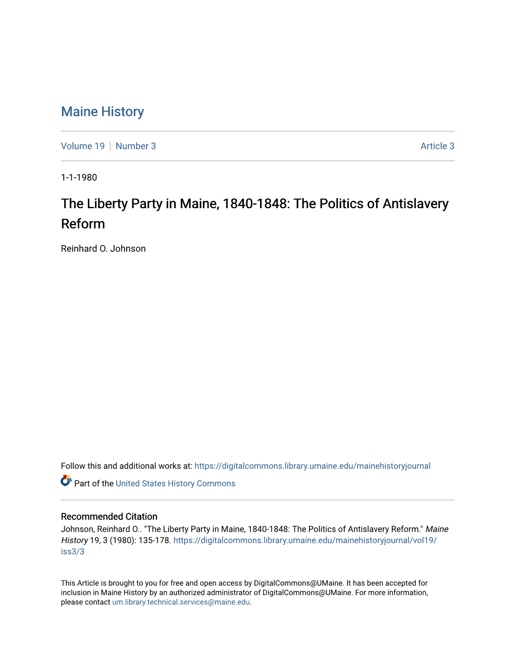 The Liberty Party in Maine, 1840-1848: the Politics of Antislavery Reform