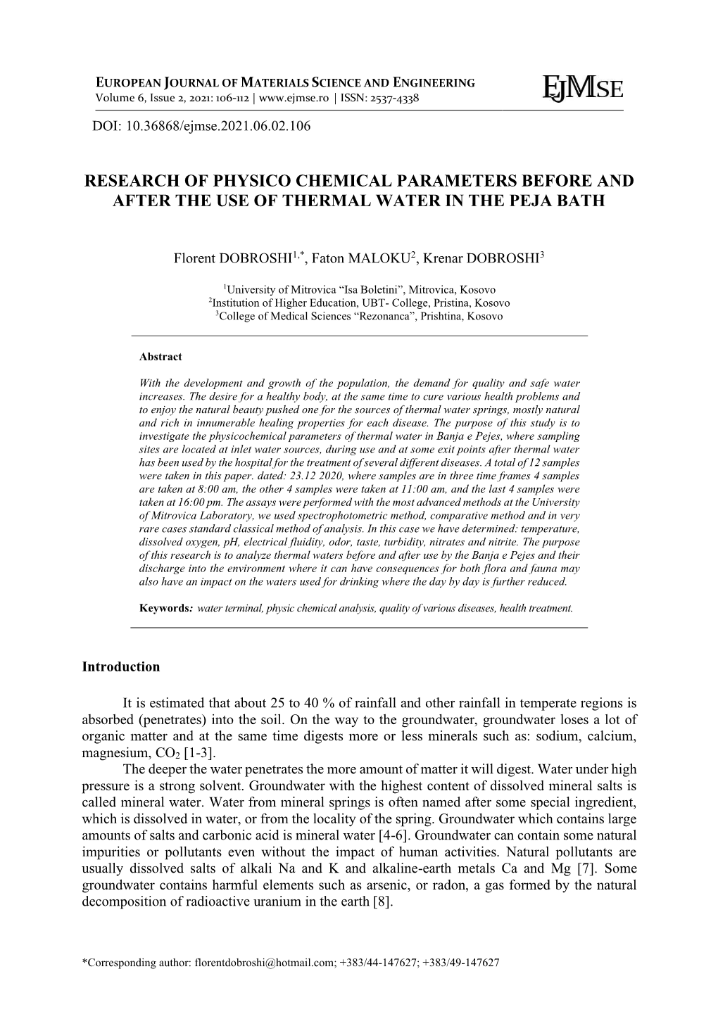 Research of Physico Chemical Parameters Before and After the Use of Thermal Water in the Peja Bath