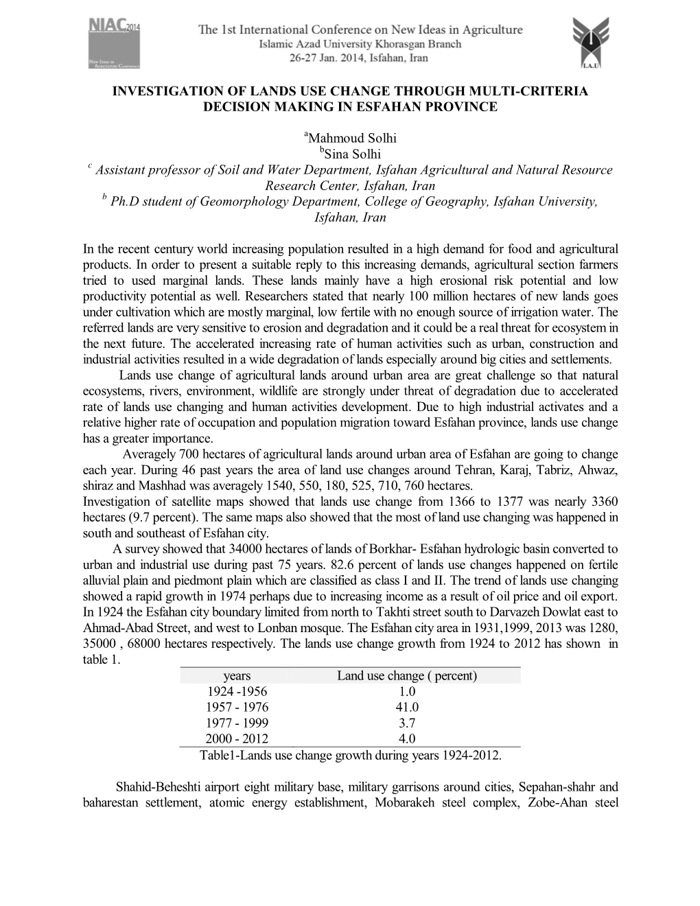 INVESTIGATION of LANDS USE CHANGE THROUGH MULTI-CRITERIA DECISION MAKING in ESFAHAN PROVINCE Mahmoud Solhi Sina Solhi Assistant