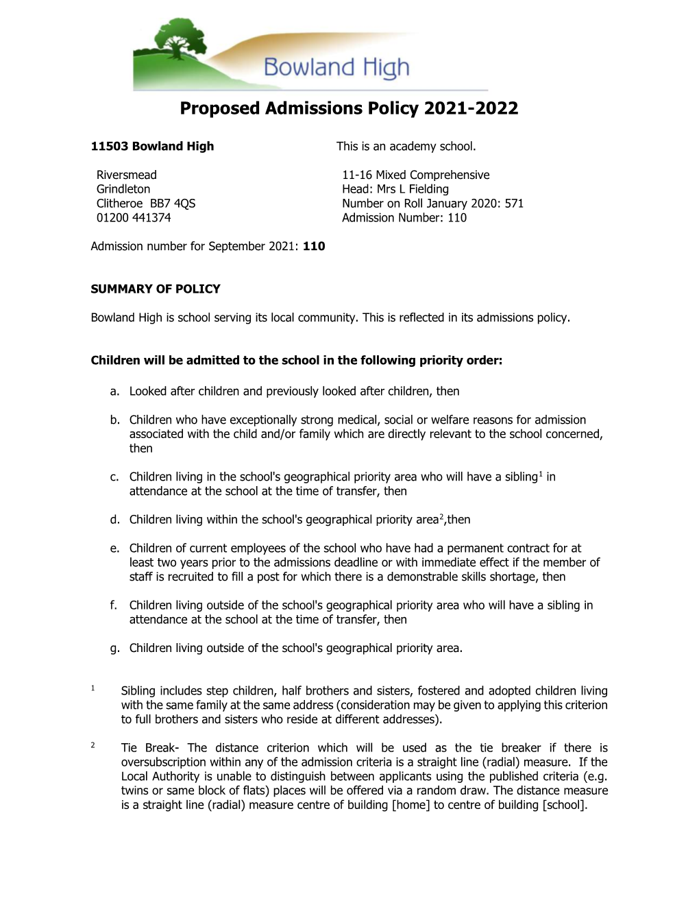 Admissions Policy 2021-2022