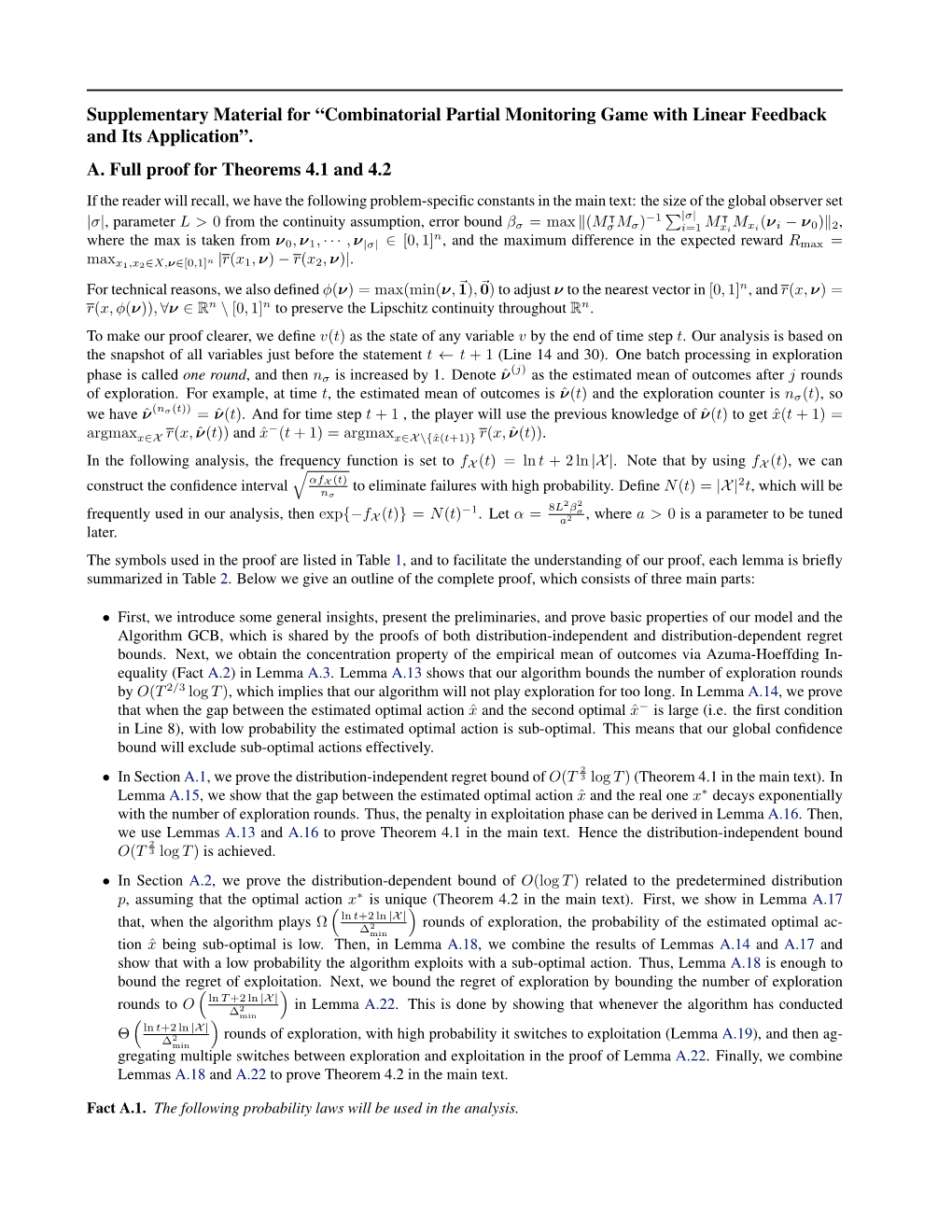 Supplementary Material for “Combinatorial Partial Monitoring Game with Linear Feedback and Its Application”