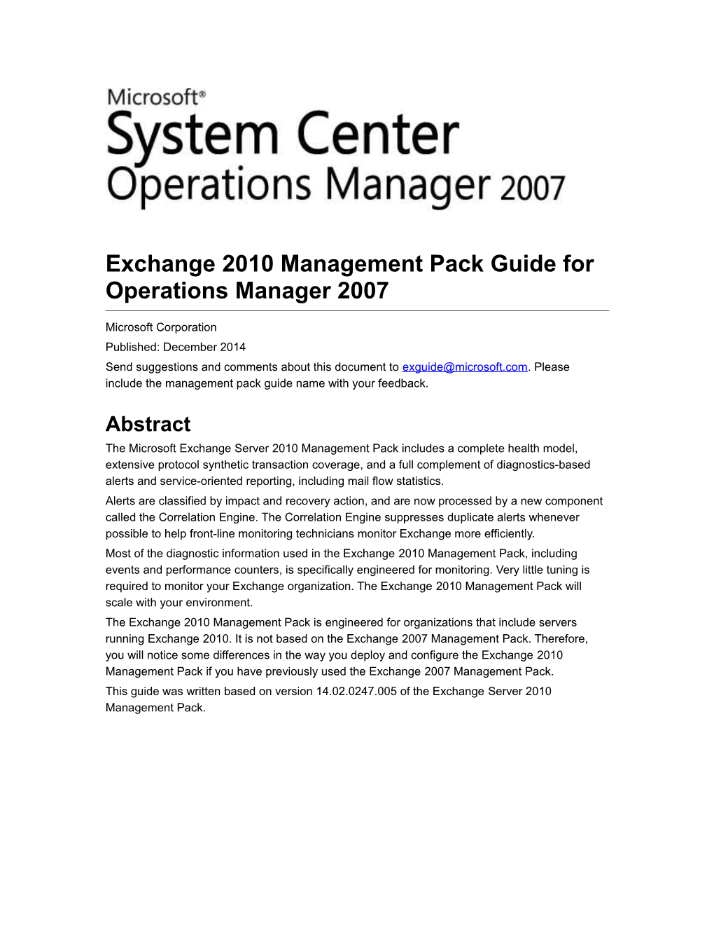 Exchange 2010 Management Pack Guide for Operations Manager 2007