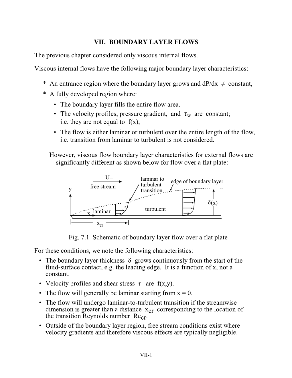 VII. BOUNDARY LAYER FLOWS the Previous Chapter Considered Only Viscous Internal Flows. Viscous Internal Flows Have the Followin