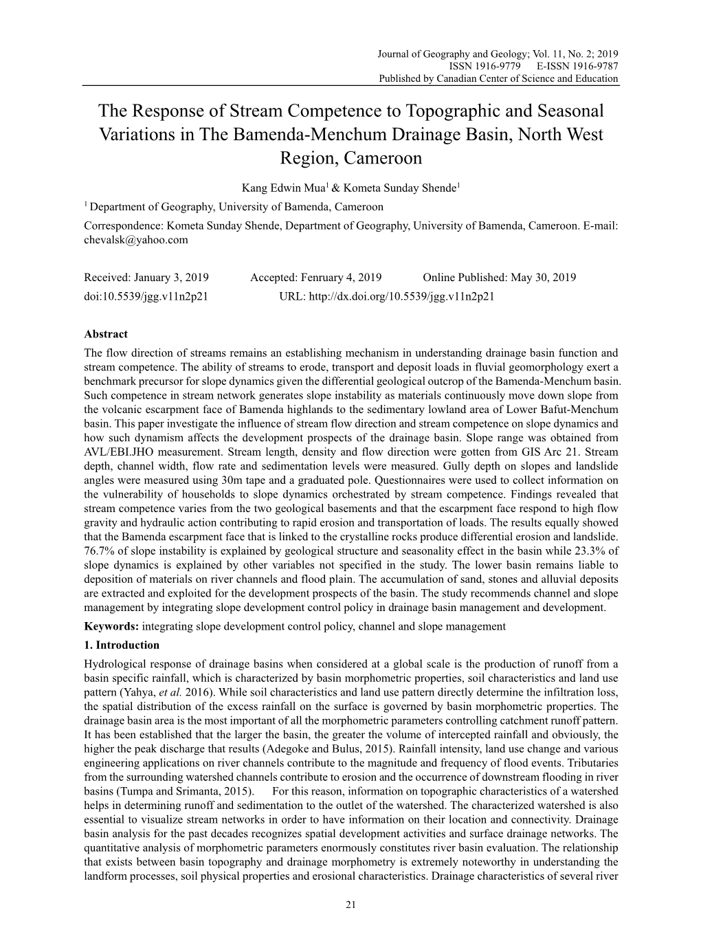 The Response of Stream Competence to Topographic and Seasonal Variations in the Bamenda-Menchum Drainage Basin, North West Region, Cameroon
