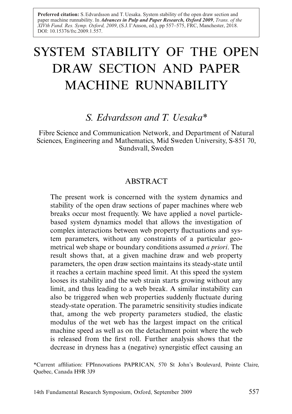 System Stability of the Open Draw Section and Paper Machine Runnability