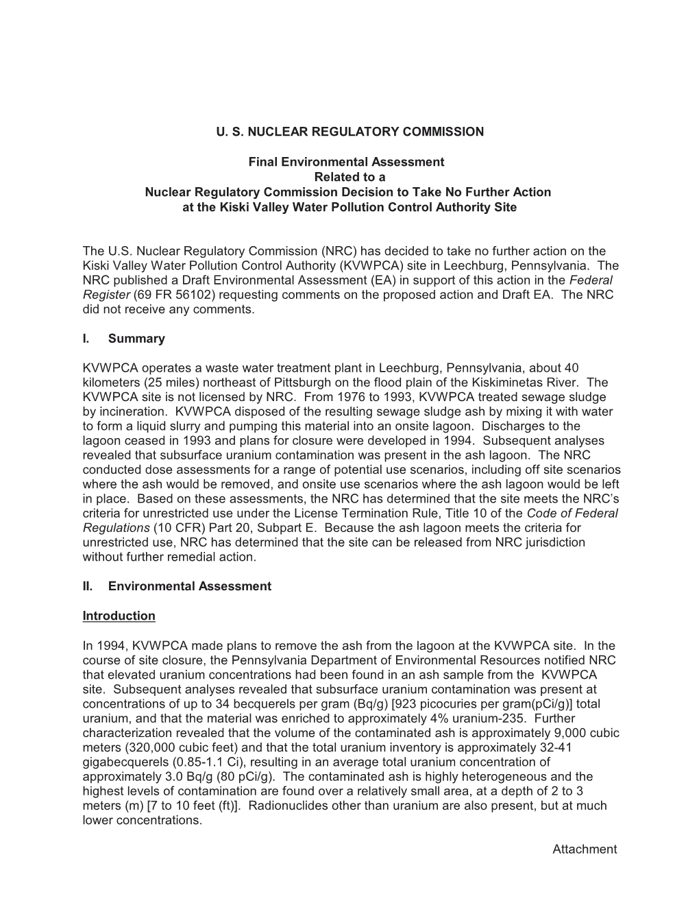 U.S. Nuclear Regulatory Commission Final Environmental Assessment