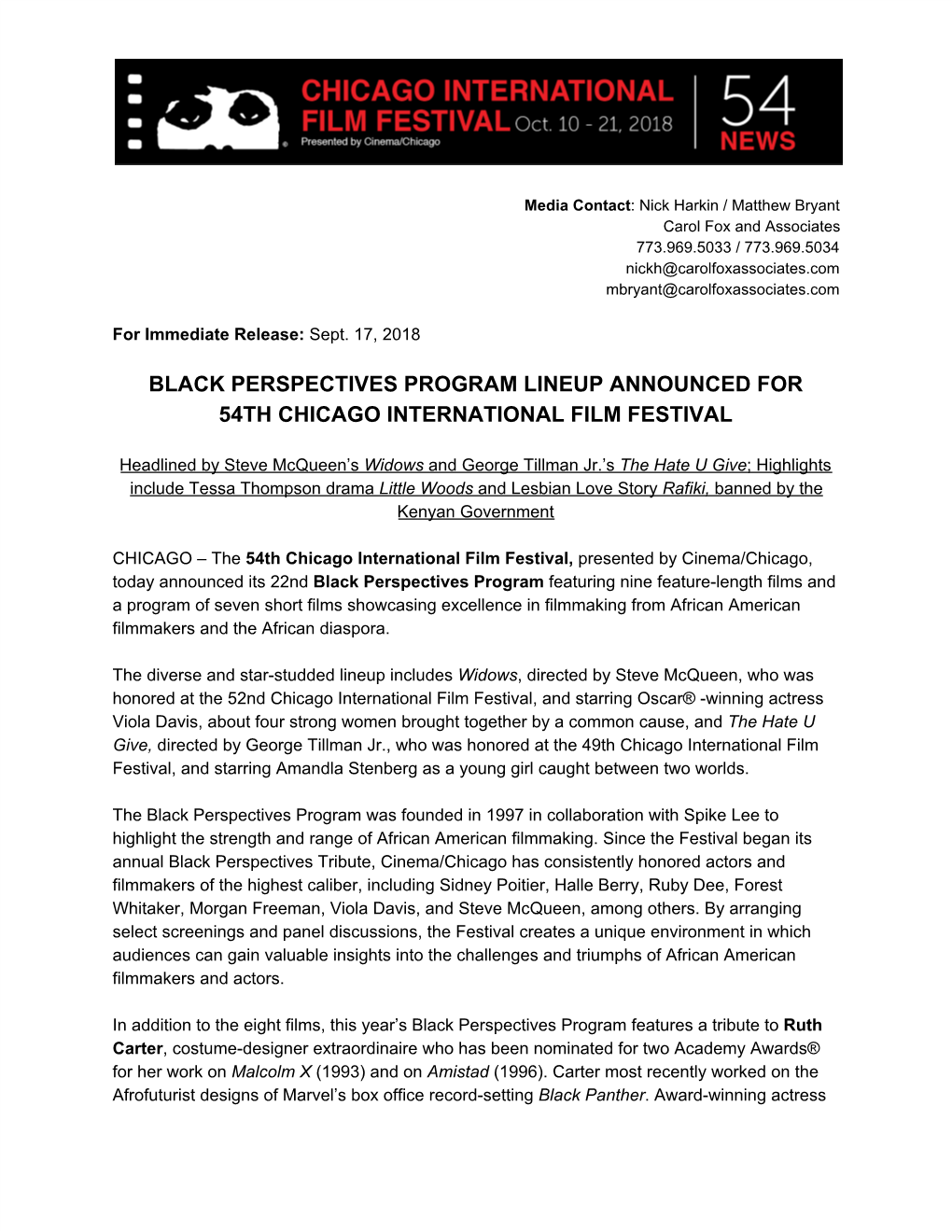 Black Perspectives Program Lineup Announced for 54Th Chicago International Film Festival