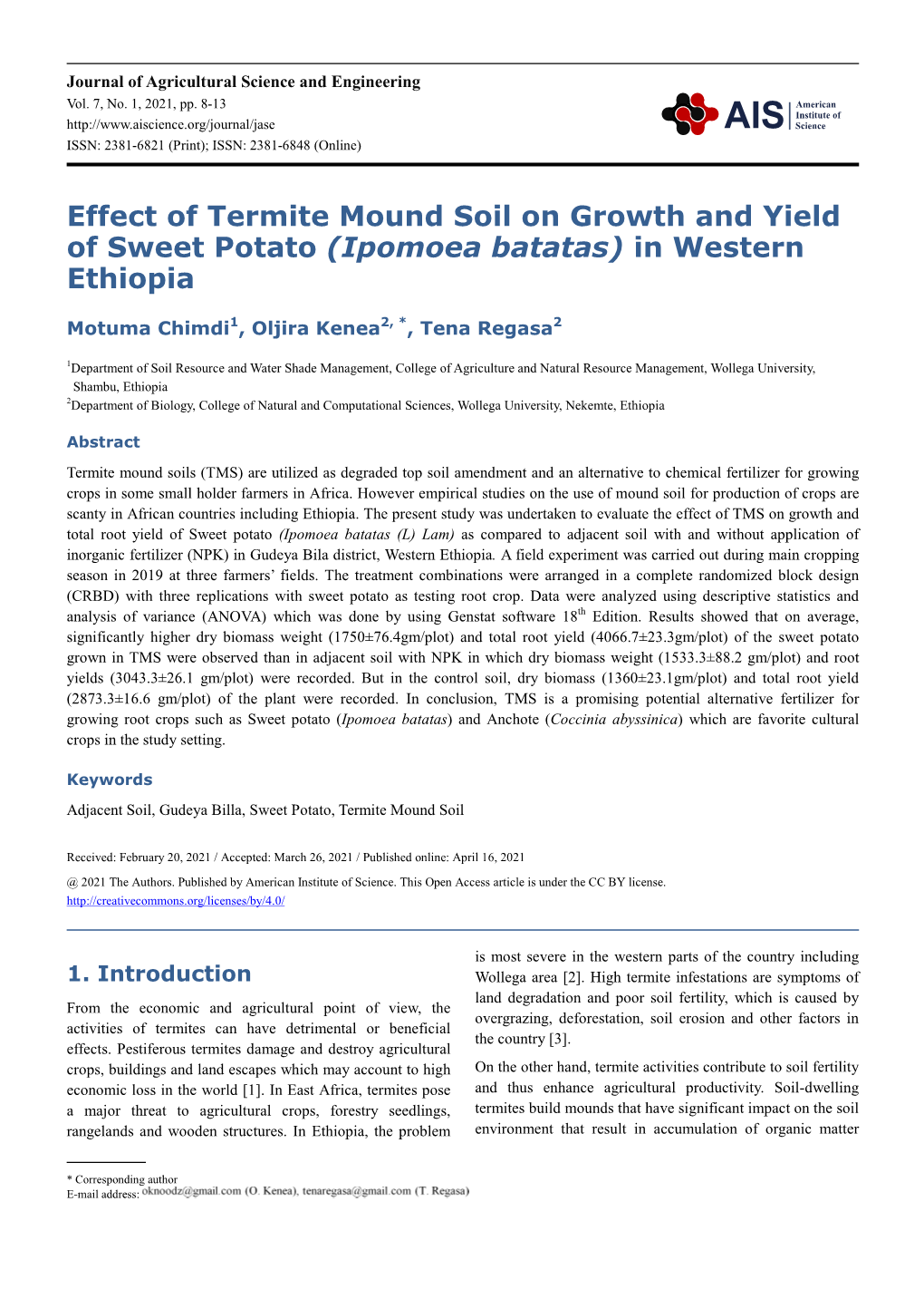 Effect of Termite Mound Soil on Growth and Yield of Sweet Potato (Ipomoea Batatas) in Western Ethiopia