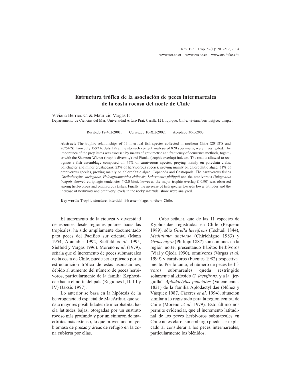 Estructura Trófica De La Asociación De Peces Intermareales De La Costa Rocosa Del Norte De Chile