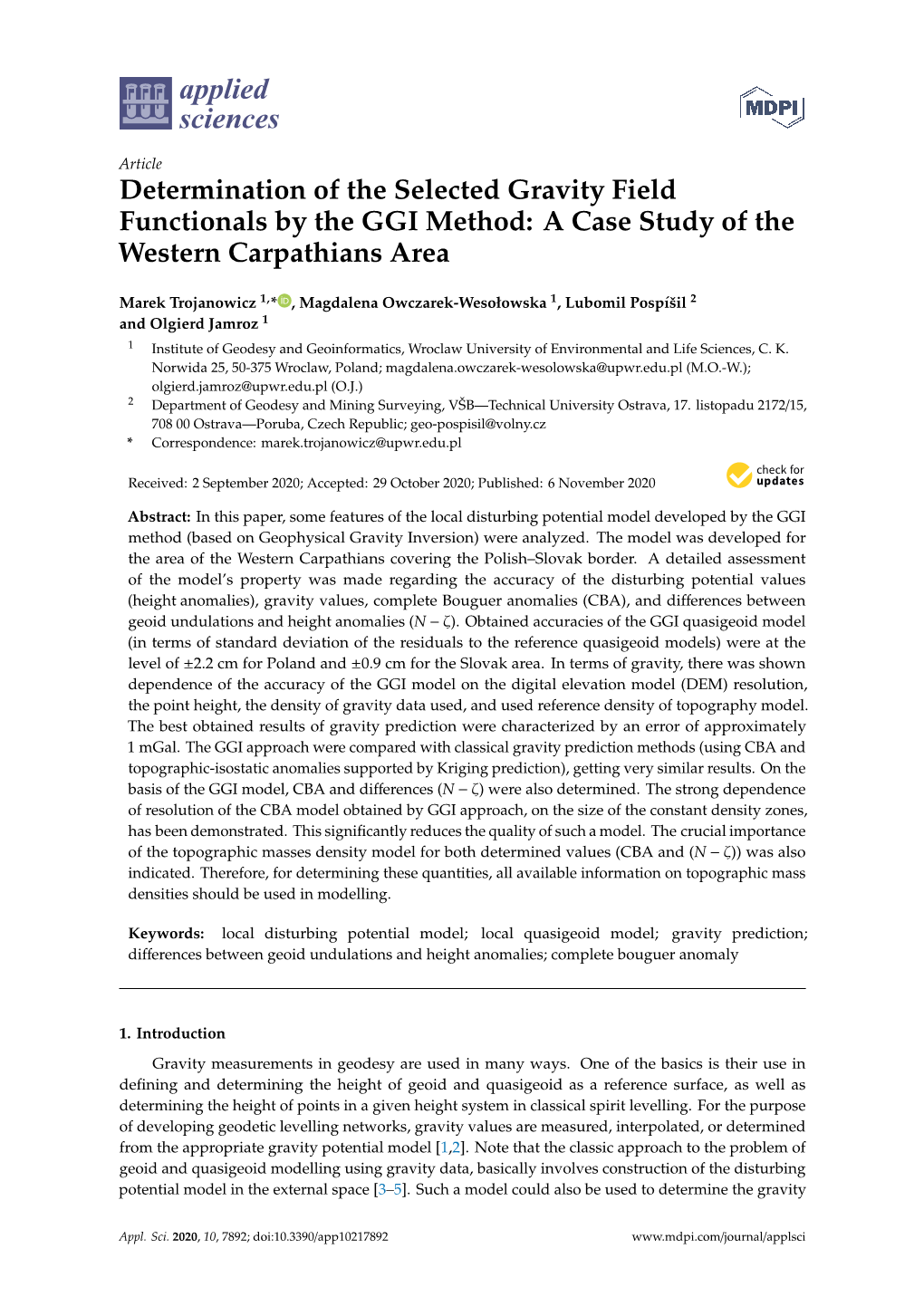 Determination of the Selected Gravity Field Functionals by the GGI Method: a Case Study of the Western Carpathians Area