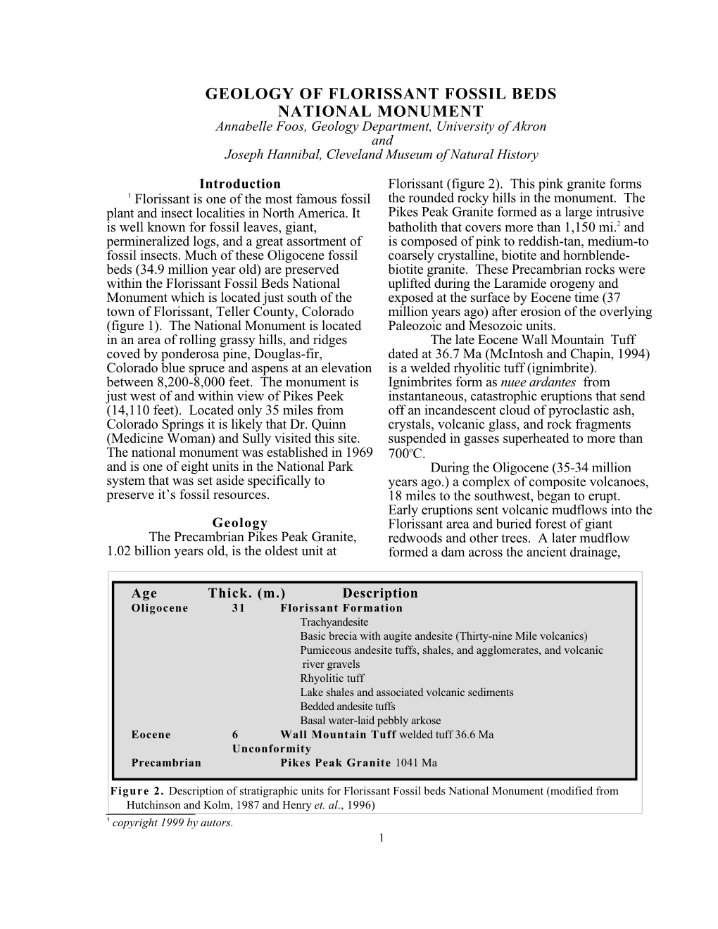 GEOLOGY of FLORISSANT FOSSIL BEDS NATIONAL MONUMENT Annabelle Foos, Geology Department, University of Akron and Joseph Hannibal, Cleveland Museum of Natural History