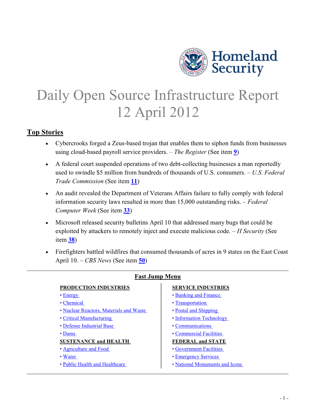 Department of Homeland Security Daily Open Source Infrastructure