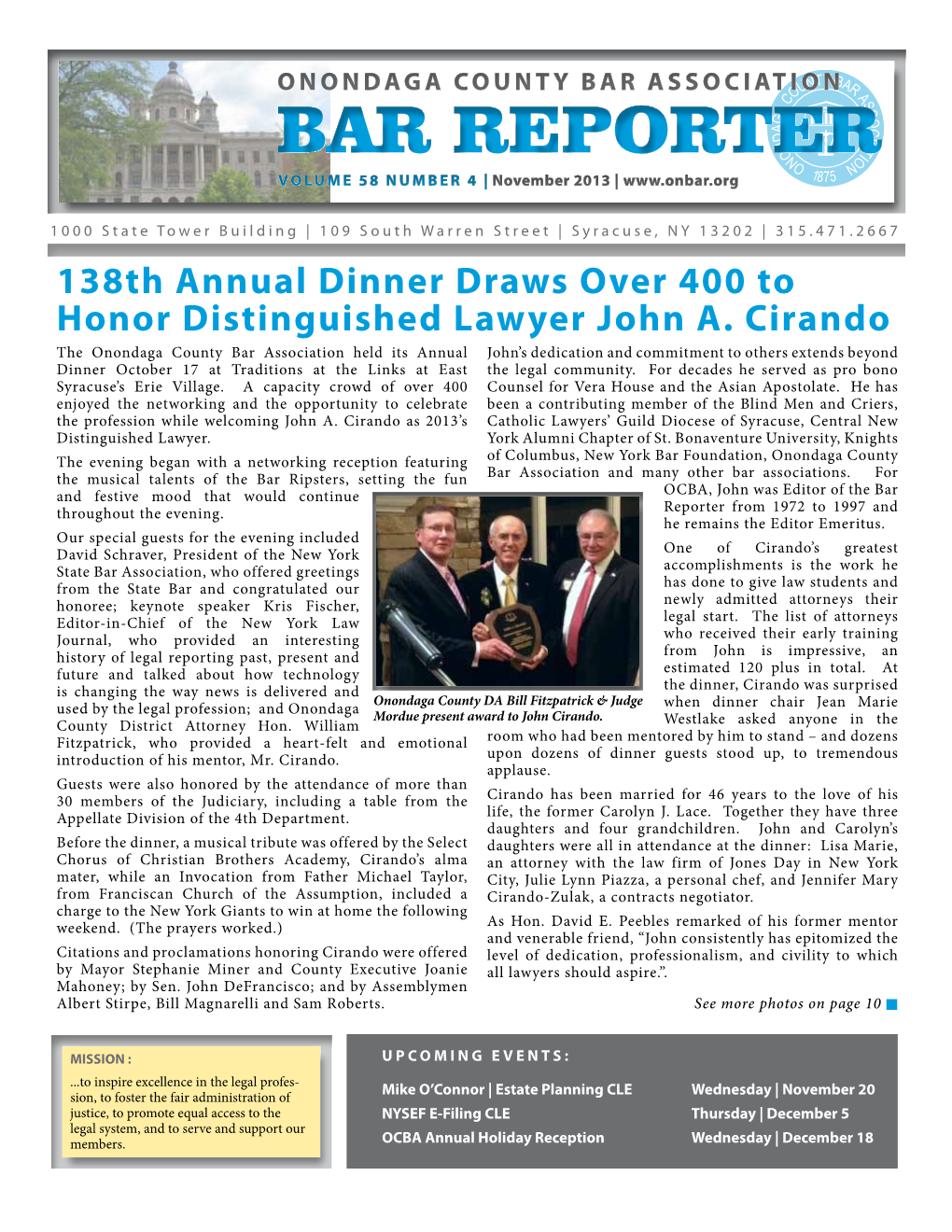 138Th Annual Dinner Draws Over 400 to Honor Distinguished Lawyer John A