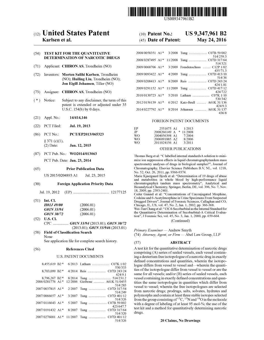 (12) United States Patent (10) Patent No.: US 9,347,961 B2 Karlsen Et Al