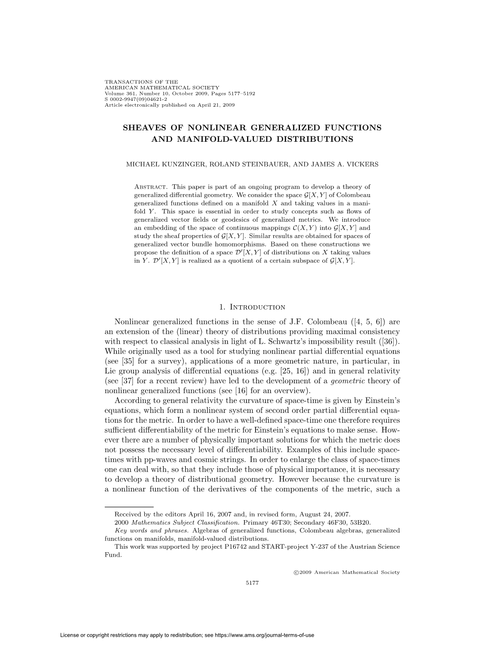 SHEAVES of NONLINEAR GENERALIZED FUNCTIONS and MANIFOLD-VALUED DISTRIBUTIONS 1. Introduction Nonlinear Generalized Functions In