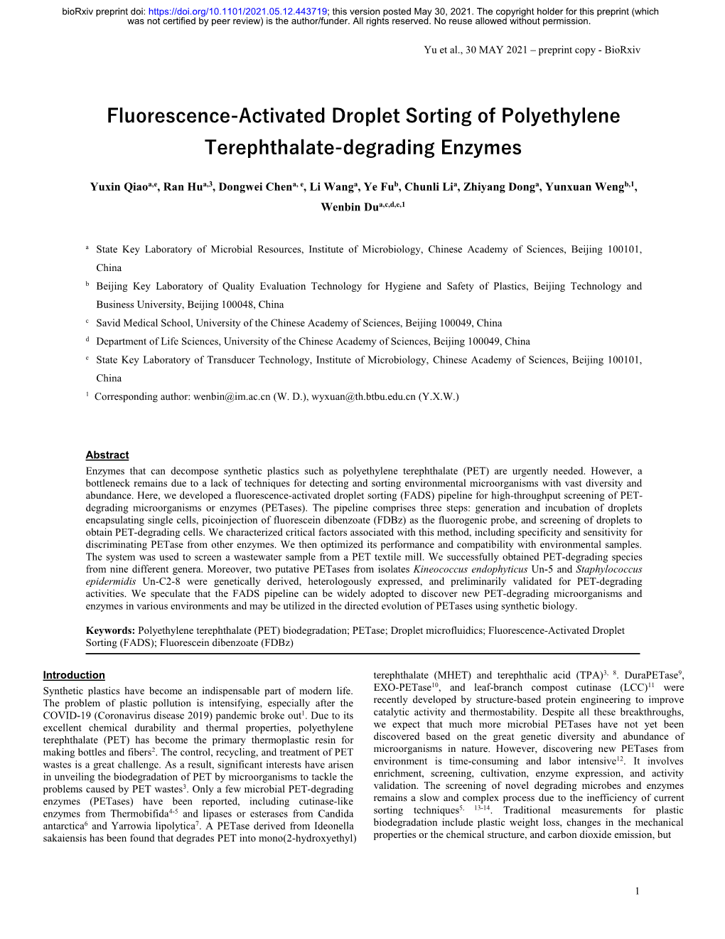 Fluorescence-Activated Droplet Sorting of Polyethylene Terephthalate-Degrading Enzymes