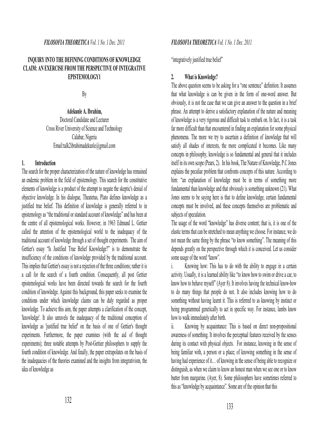 FILOSOFIA THEORETICA Voi. 1 No. 1 Dec. 2011 FILOSOFIA THEORETICA Voi