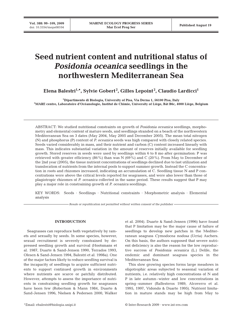 Seed Nutrient Content and Nutritional Status of Posidonia Oceanica Seedlings in the Northwestern Mediterranean Sea