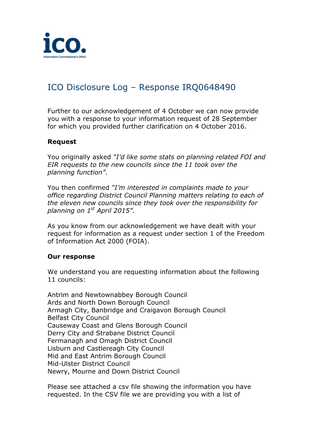 ICO Disclosure Log – Response IRQ0648490