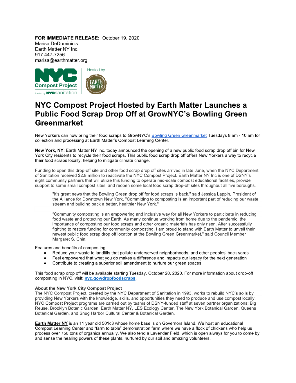 NYC Compost Project Hosted by Earth Matter Launches a Public Food Scrap Drop Off at Grownyc’S Bowling Green Greenmarket
