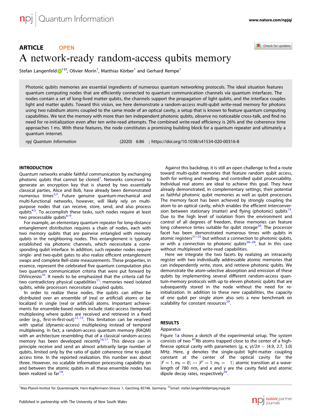 A Network-Ready Random-Access Qubits Memory ✉ Stefan Langenfeld 1 , Olivier Morin1, Matthias Körber1 and Gerhard Rempe1