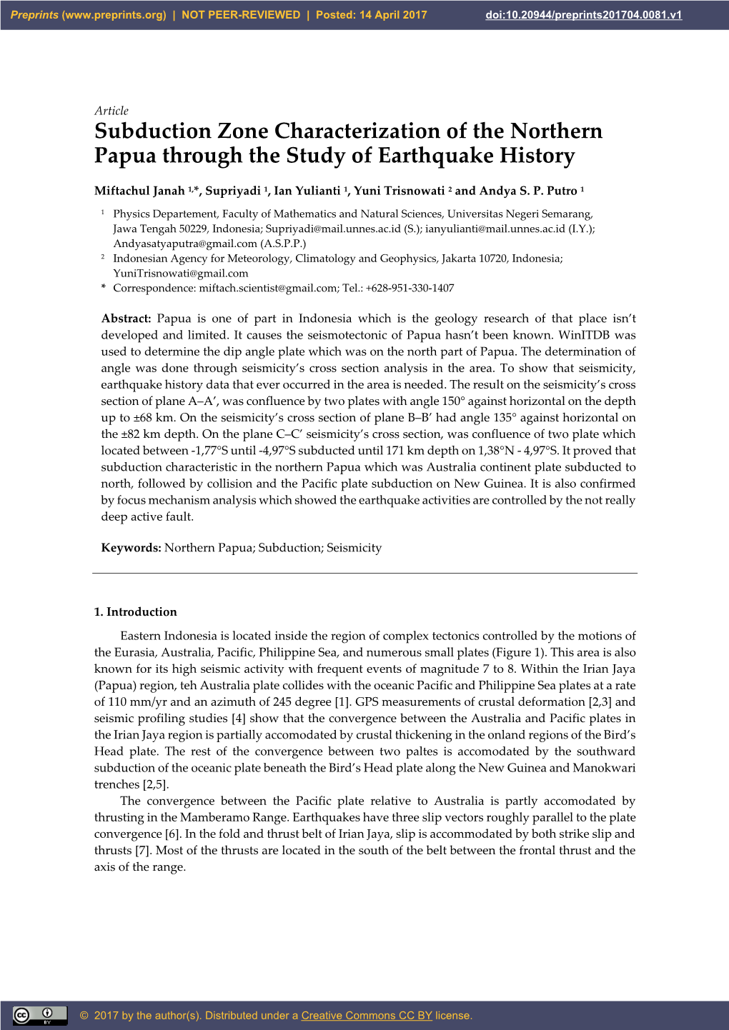 Subduction Zone Characterization of the Northern Papua Through the Study of Earthquake History