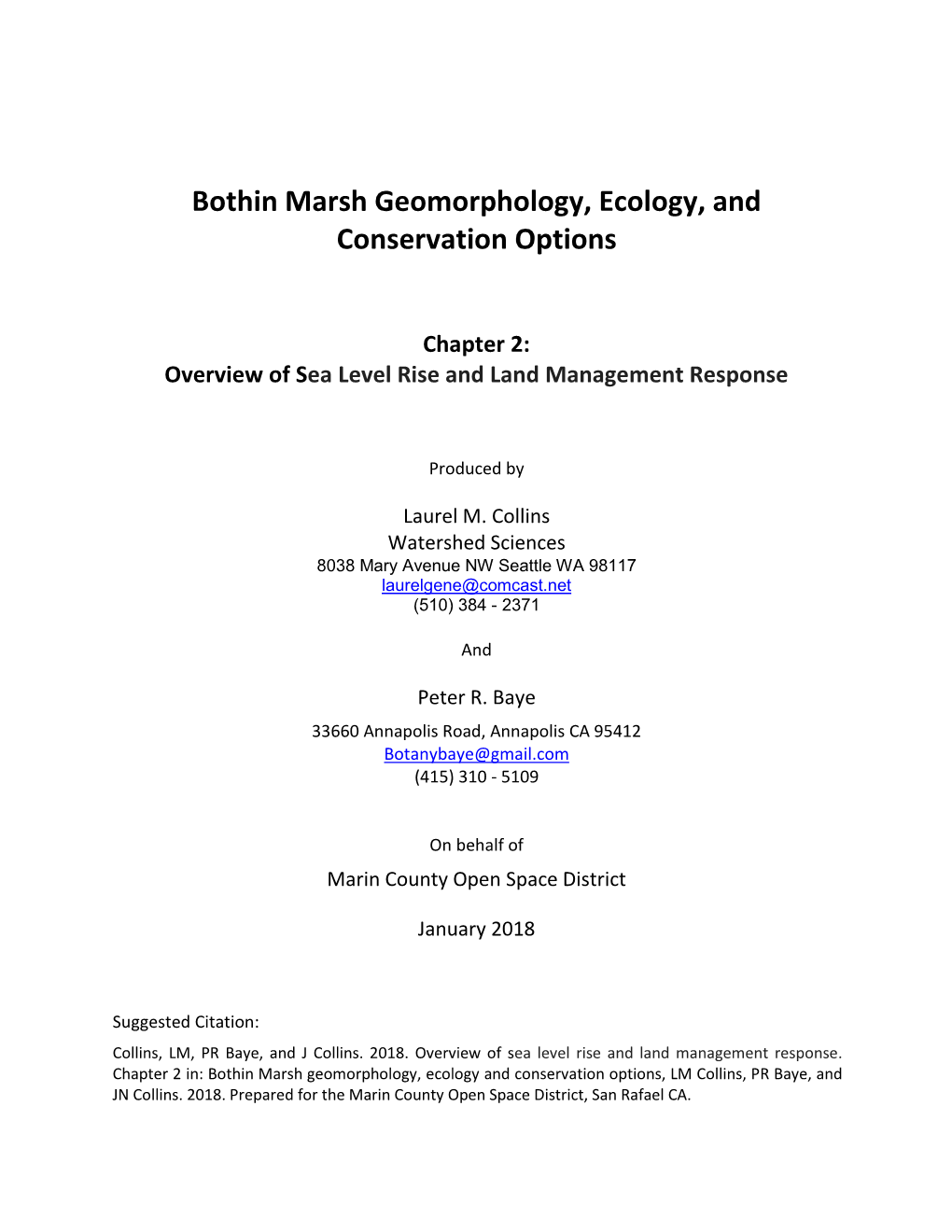 Bothin Marsh Geomorphology, Ecology, and Conservation Options