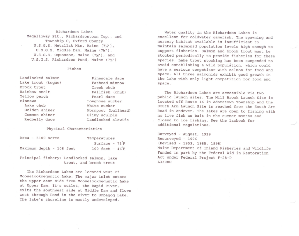 Richardson Lakes Water Quality in the Richard~On Lakes Is Magalloway Pit., Richardsontown Twp., and Excellent for Coldwater Gamefish