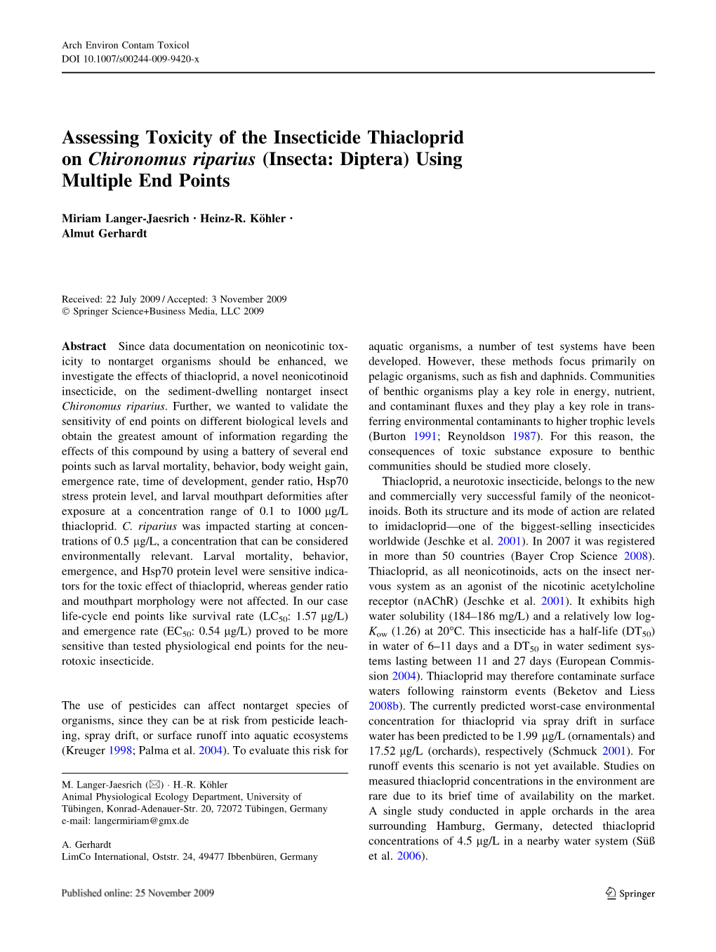 Assessing Toxicity of the Insecticide Thiacloprid on Chironomus Riparius (Insecta: Diptera) Using Multiple End Points